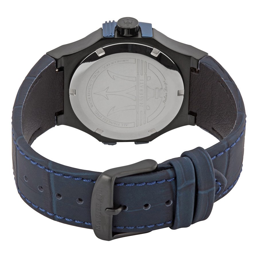 Maserati Potenza R8851108007 42mm Men’s Quartz Watch – Black Dial & Blue Alligator-Pattern Leather Strap