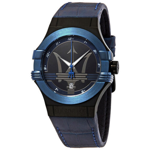Maserati Potenza R8851108007 42mm Men’s Quartz Watch – Black Dial & Blue Alligator-Pattern Leather Strap