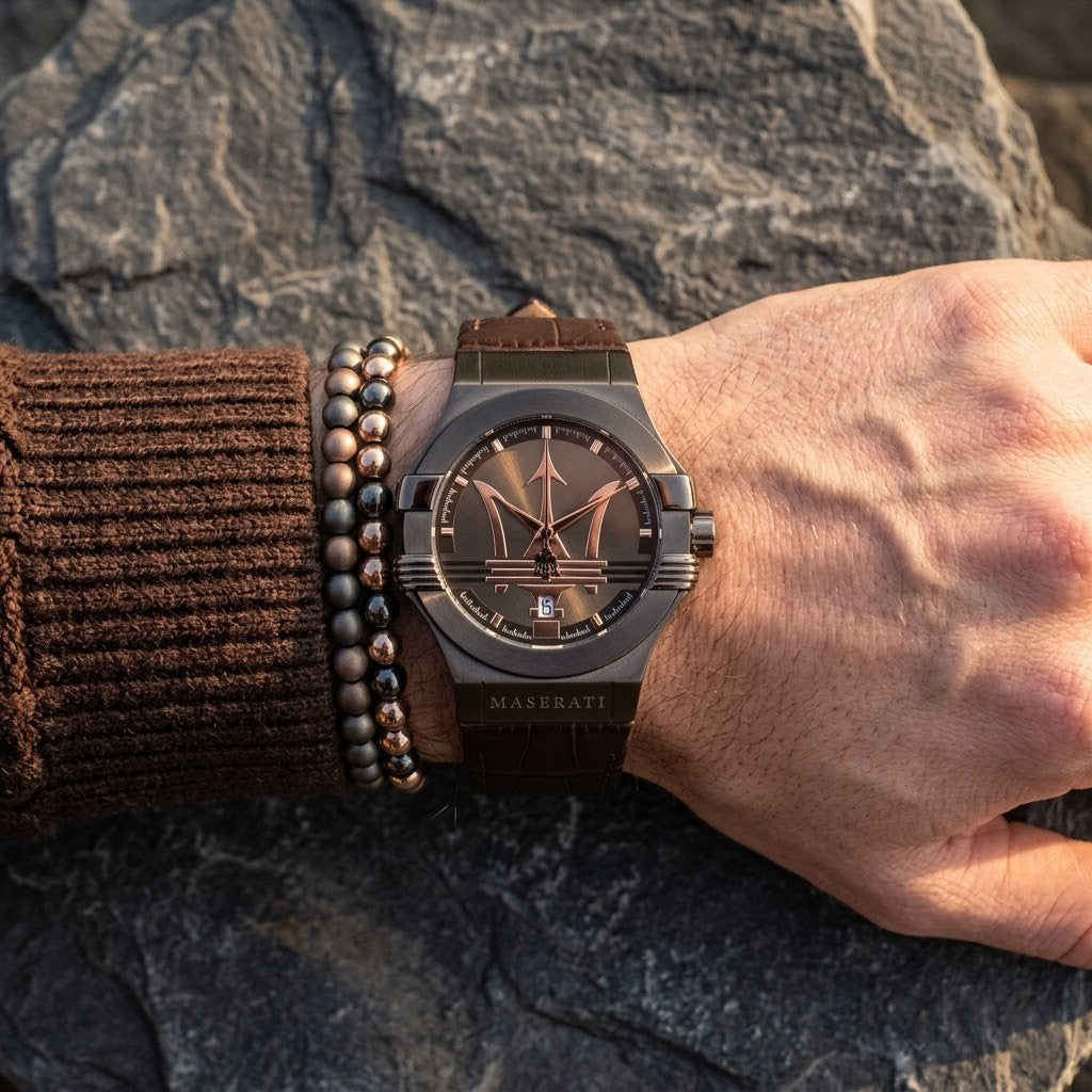 Maserati Potenza R8851108011 42mm Men’s Quartz Watch – Brown Sunray Dial & Brown Alligator-Pattern Leather Strap