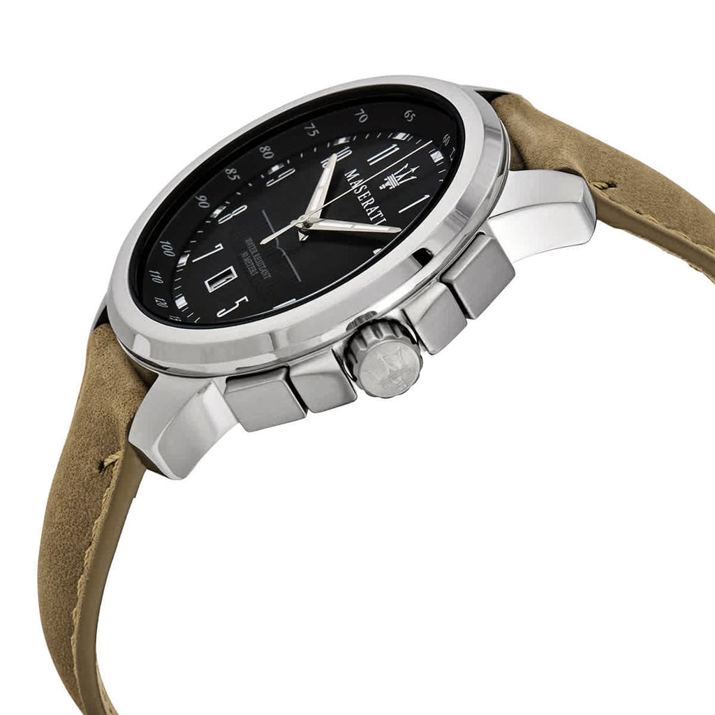 Maserati Successo R8851121004 44mm Men’s Quartz Watch – Black Dial & Beige Leather Strap