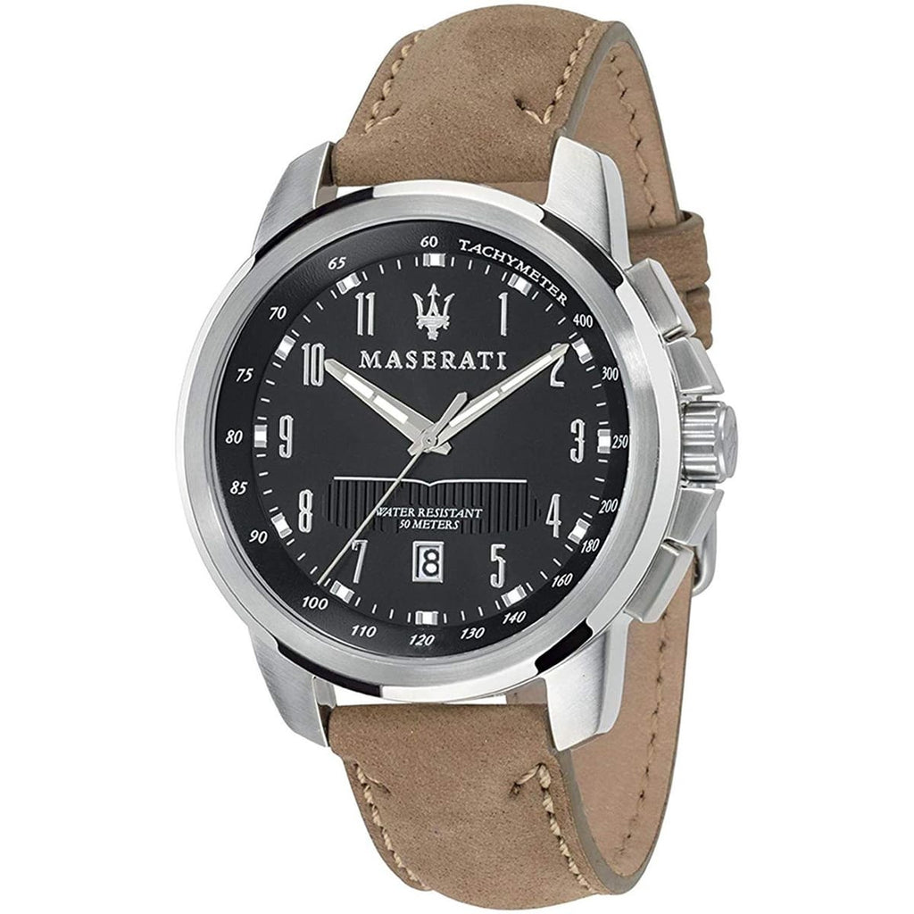 Maserati Successo R8851121004 44mm Men’s Quartz Watch – Black Dial & Beige Leather Strap