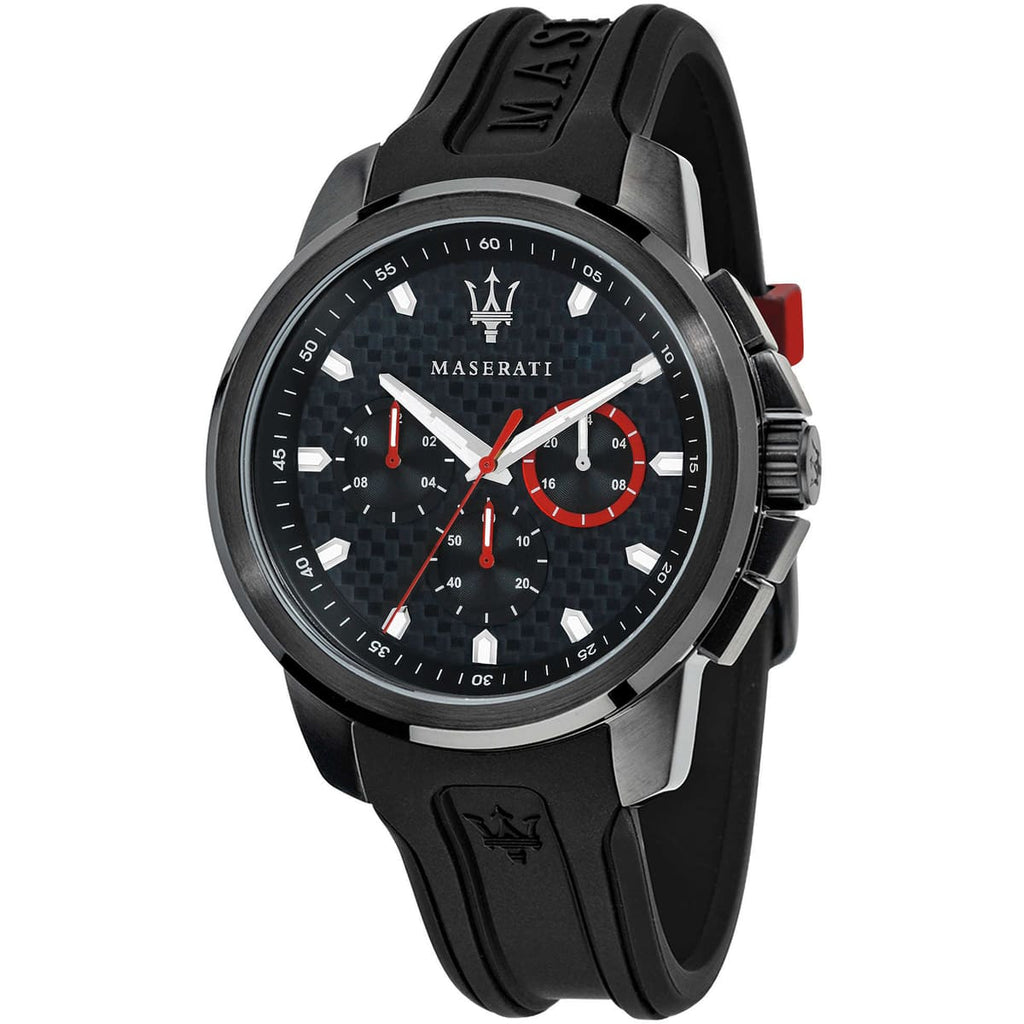 Maserati Sfida R8851123007 44mm Men’s Chronograph Watch – Carbon Fiber Dial & Black Rubber Strap
