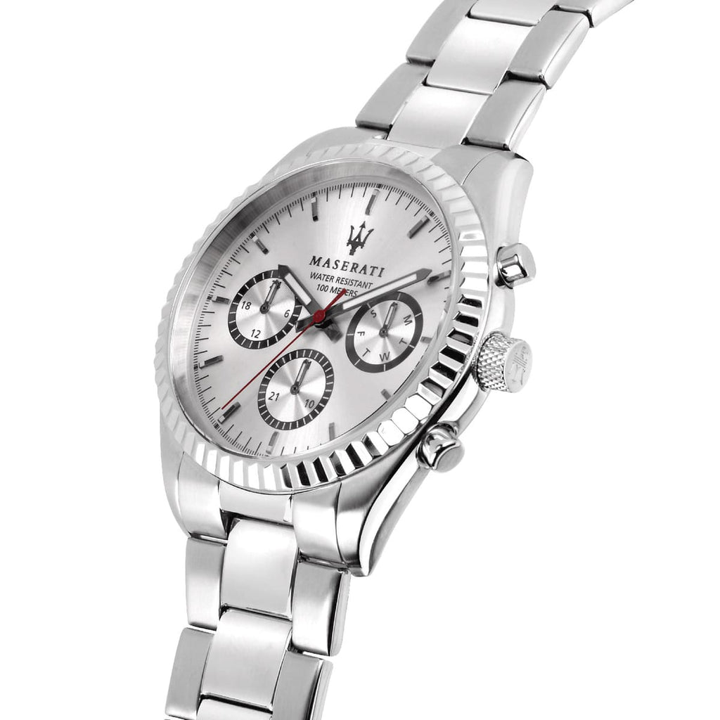 Maserati Competizione R8853100018 43mm Men’s Quartz Watch – Silver Multi-Function Dial & Silver-Tone Link Bracelet