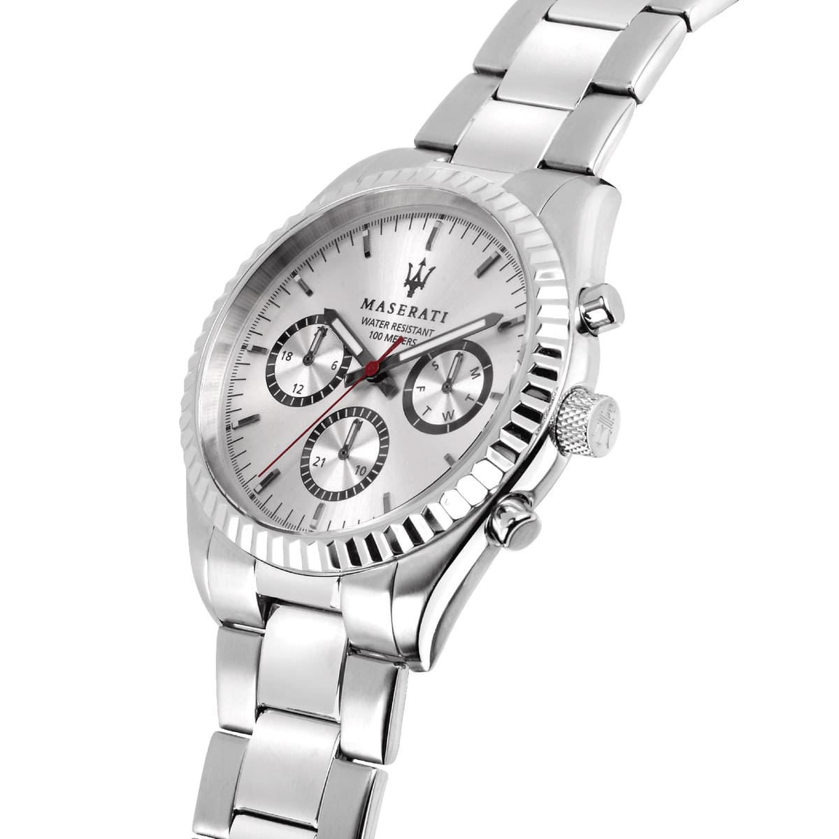 Maserati Competizione R8853100018 43mm Men’s Quartz Watch – Silver Multi-Function Dial & Silver-Tone Link Bracelet