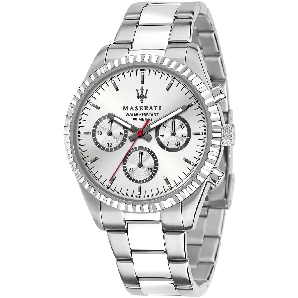 Maserati Competizione R8853100018 43mm Men’s Quartz Watch – Silver Multi-Function Dial & Silver-Tone Link Bracelet