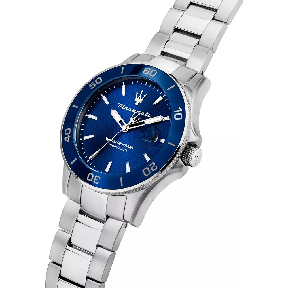 Maserati Competizione R8853100036 43mm Men’s Quartz Watch – Blue Honeycomb-Textured Dial & Silver-Tone Link Bracelet