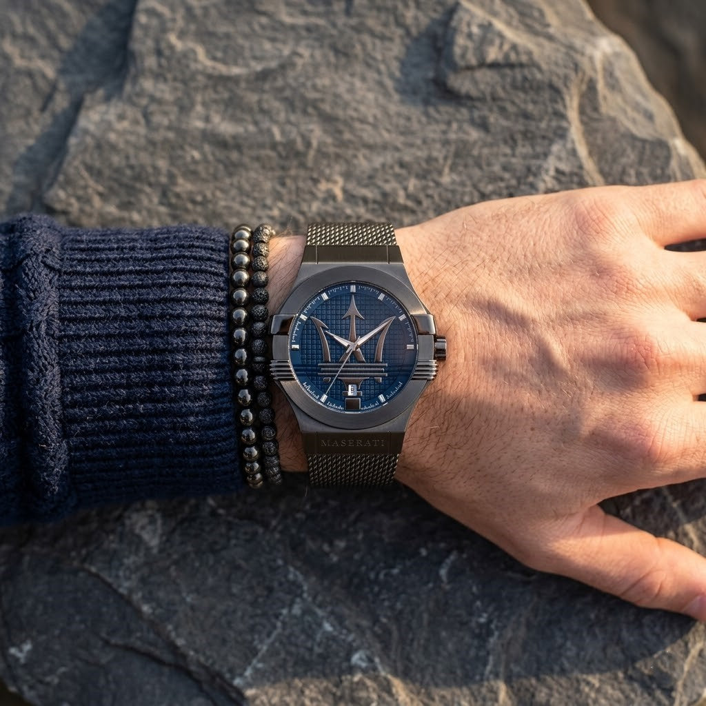 Maserati Potenza R8853108005 42mm Men’s Quartz Watch – Blue Textured Dial & Grey Stainless Steel Mesh Strap