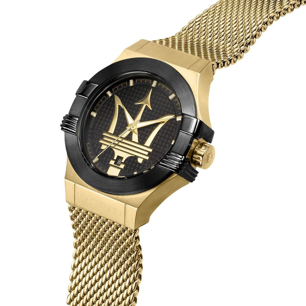 Maserati Potenza R8853108006 42mm Men’s Quartz Watch – Black Textured Dial & Gold Stainless Steel Mesh Strap