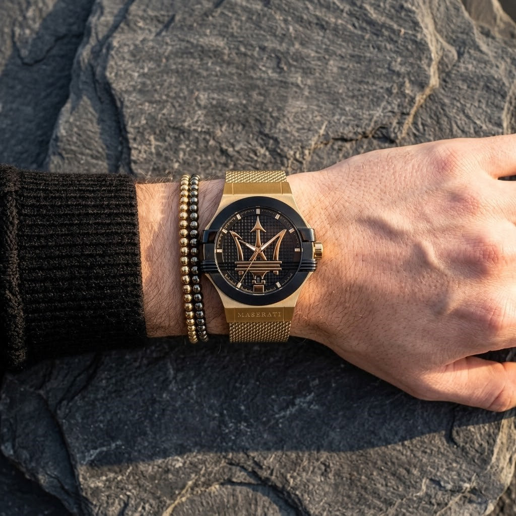 Maserati Potenza R8853108006 42mm Men’s Quartz Watch – Black Textured Dial & Gold Stainless Steel Mesh Strap