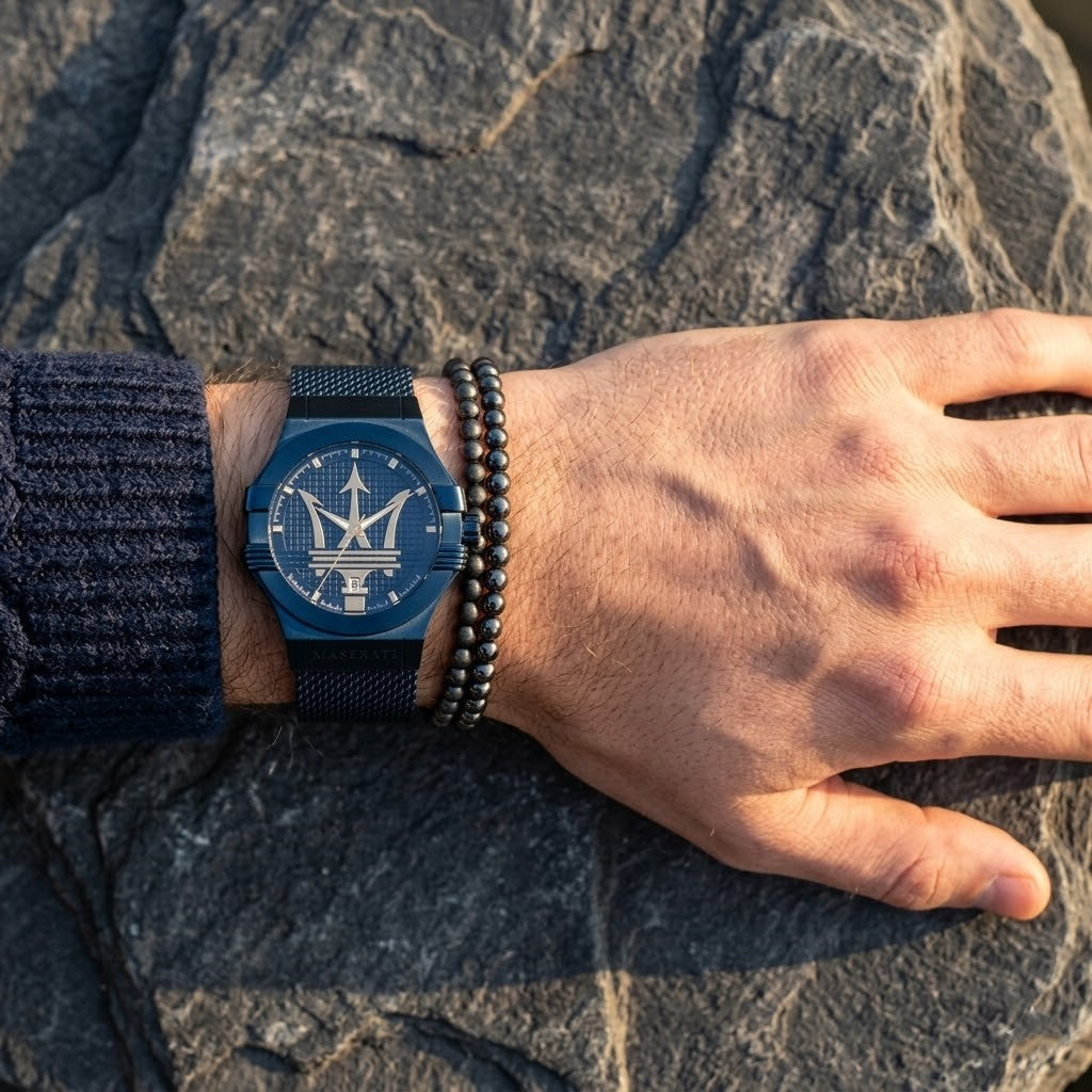 Maserati Potenza R8853108008 42mm Men’s Quartz Watch – Blue Waffle Dial & Navy Blue Mesh Strap