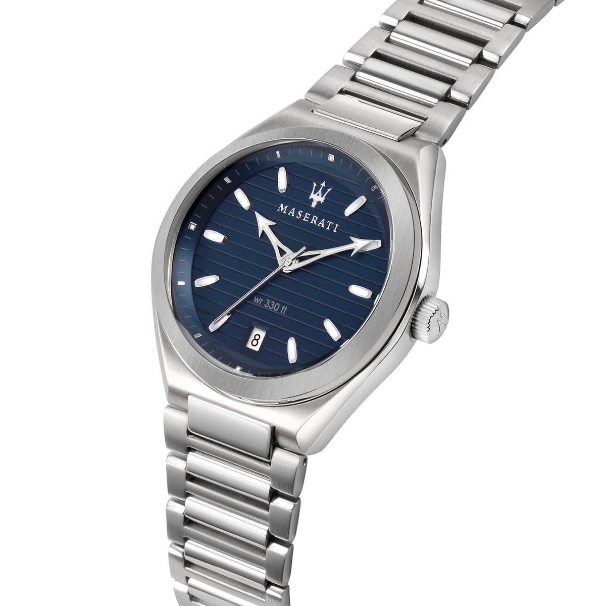 Maserati Triconic R8853139002 43mm Men’s Quartz Watch – Blue Striped Dial & Silver Link Bracelet