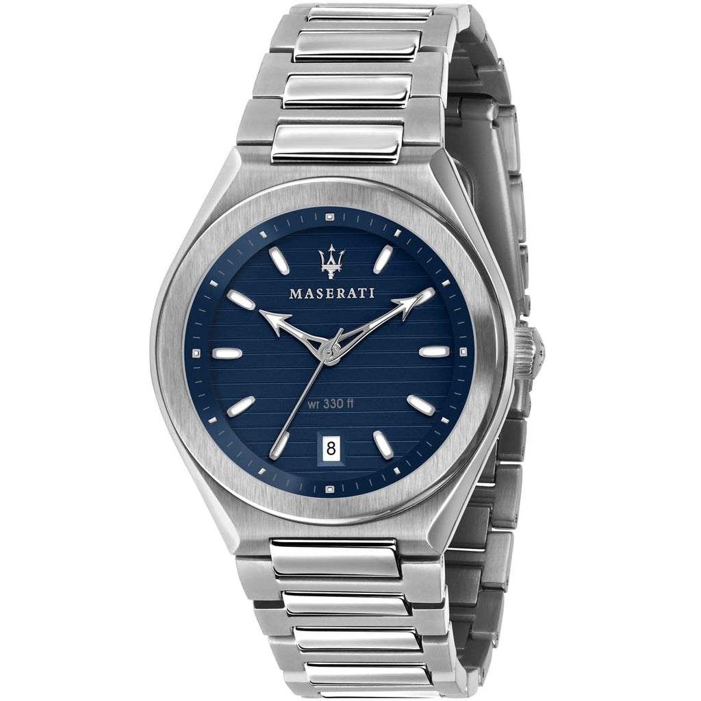 Maserati Triconic R8853139002 43mm Men’s Quartz Watch – Blue Striped Dial & Silver Link Bracelet