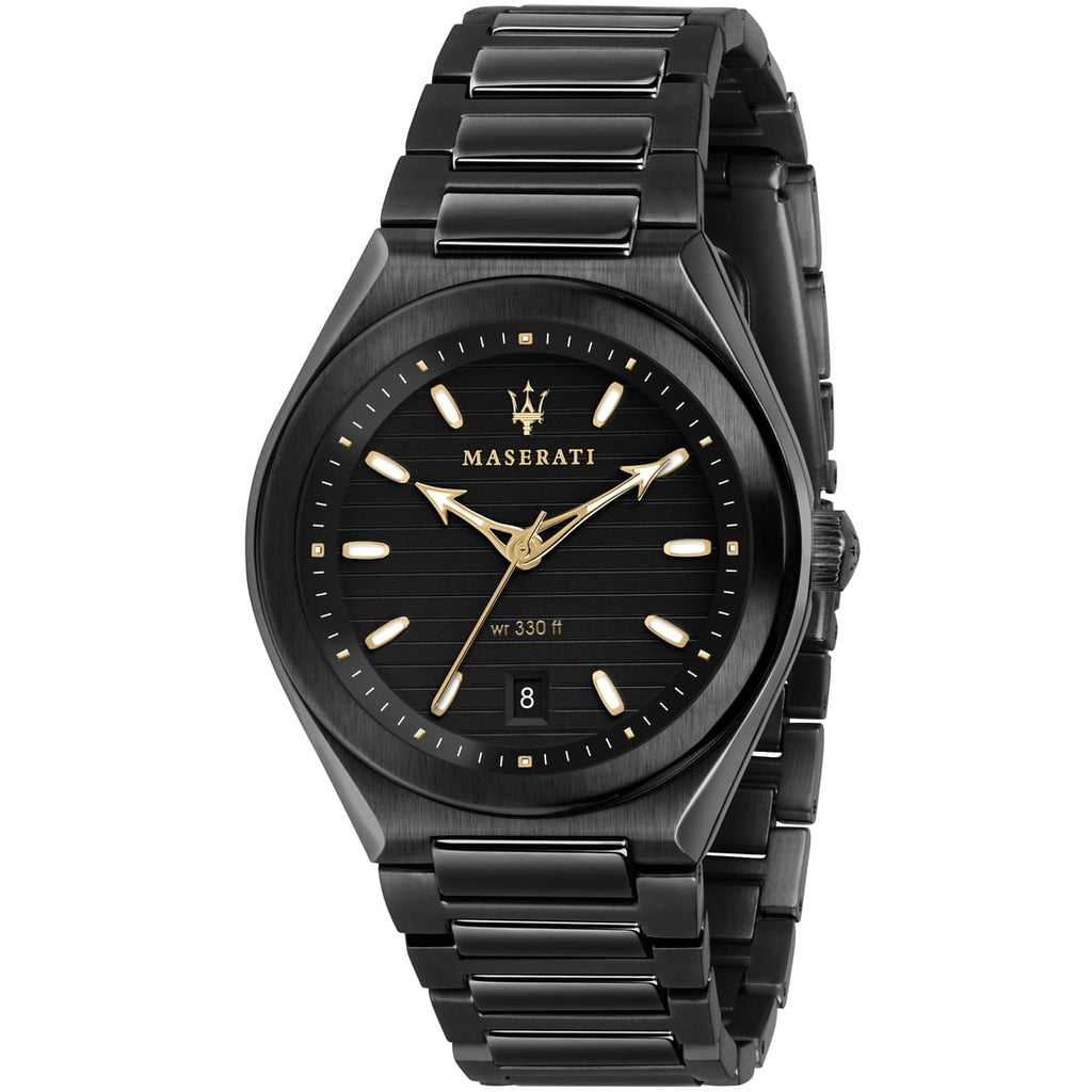 Maserati Triconic R8853139004 43mm Men’s Quartz Watch – Black Striped Dial & Black Link Bracelet