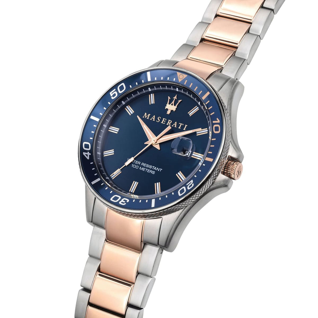 Maserati Sfida R8853140003 44mm Men’s Quartz Watch – Blue Sunray Dial & Two-Tone Link Bracelet