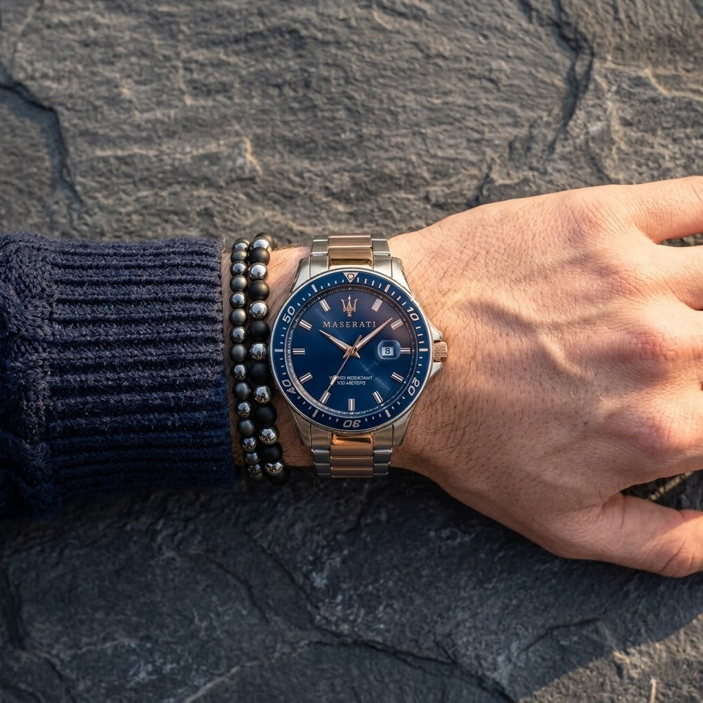 Maserati Sfida R8853140003 44mm Men’s Quartz Watch – Blue Sunray Dial & Two-Tone Link Bracelet