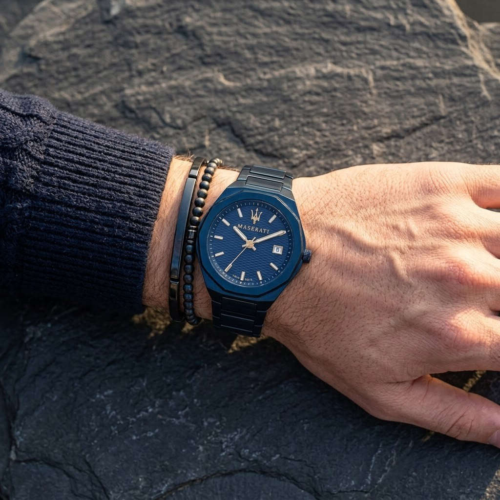 Maserati Stile Blue Edition R8853141001 45mm Men’s Quartz Watch – Blue Waffle-Textured Dial & Blue Link Bracelet