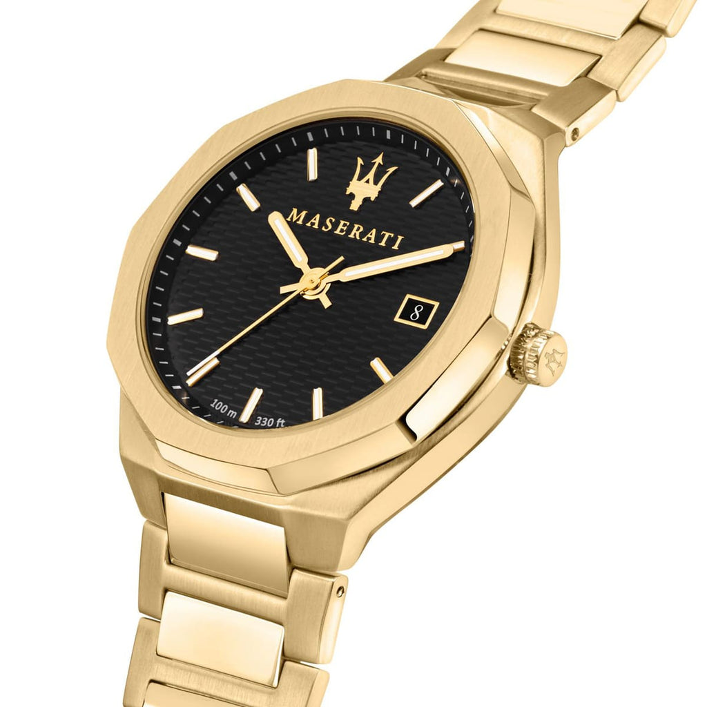 Maserati Stile R8853142004 45mm Men’s Quartz Watch – Black Waffle-Textured Dial & Gold Link Bracelet