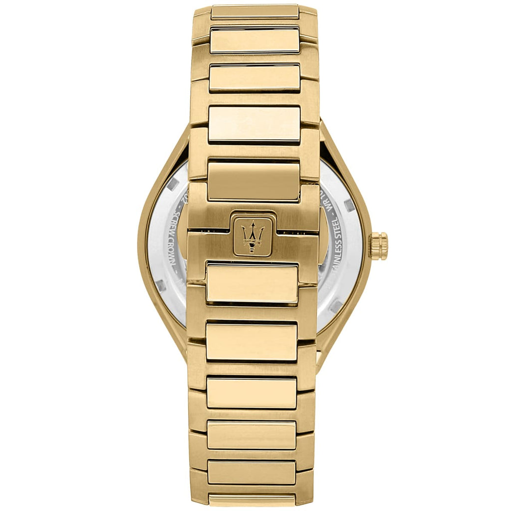 Maserati Stile R8853142004 45mm Men’s Quartz Watch – Black Waffle-Textured Dial & Gold Link Bracelet