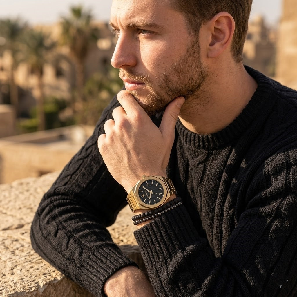 Maserati Stile R8853142004 45mm Men’s Quartz Watch – Black Waffle-Textured Dial & Gold Link Bracelet