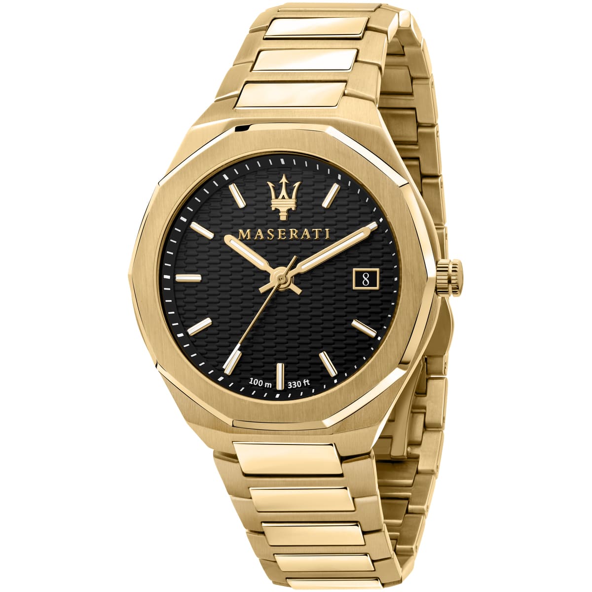 Maserati Stile R8853142004 45mm Men’s Quartz Watch – Black Waffle-Textured Dial & Gold Link Bracelet
