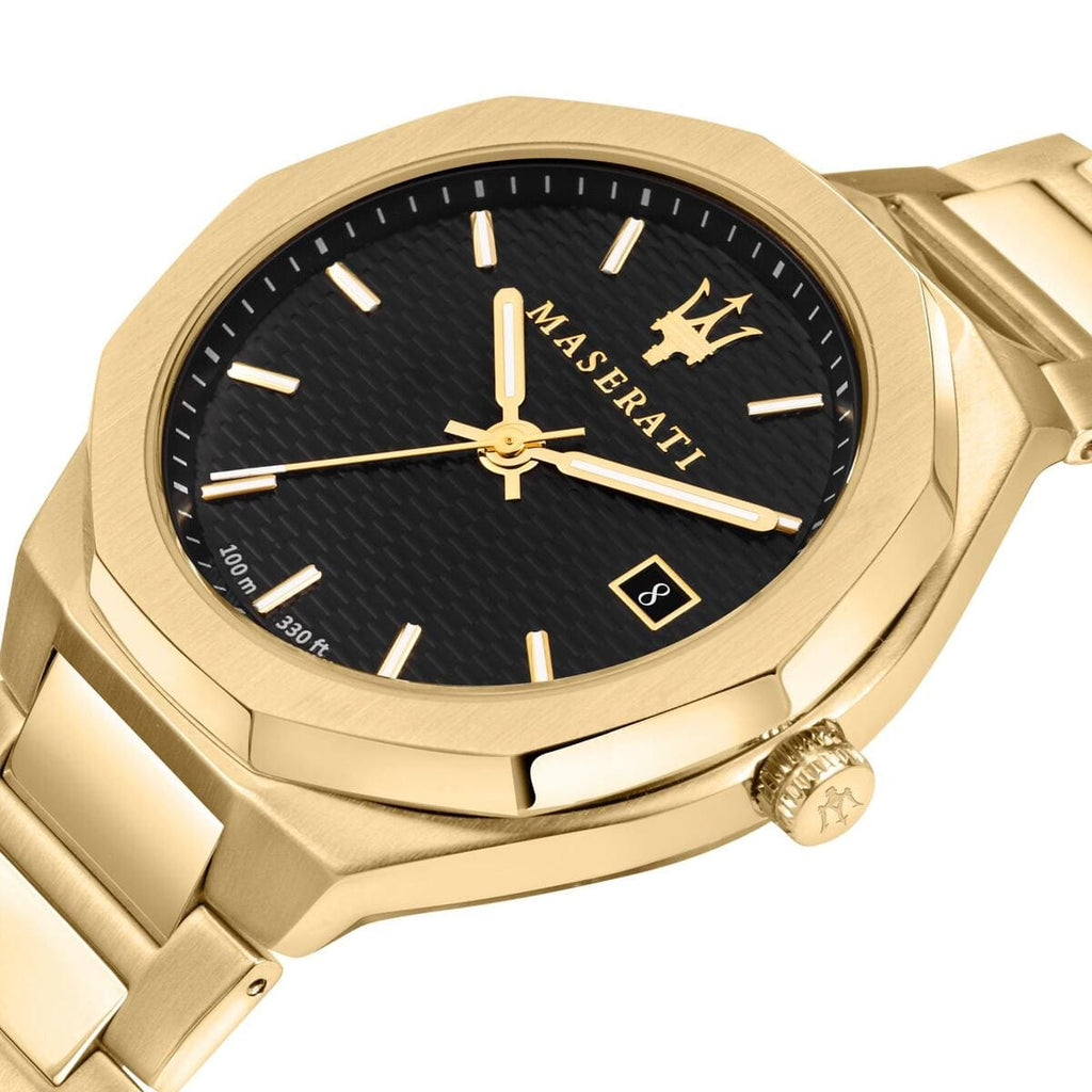 Maserati Stile R8853142004 45mm Men’s Quartz Watch – Black Waffle-Textured Dial & Gold Link Bracelet