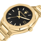Maserati Stile R8853142004 45mm Men’s Quartz Watch – Black Waffle-Textured Dial & Gold Link Bracelet