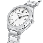 Maserati Stile R8853142005 45mm Men’s Quartz Watch – Silver/white Waffle-Textured Dial & Silver Link Bracelet