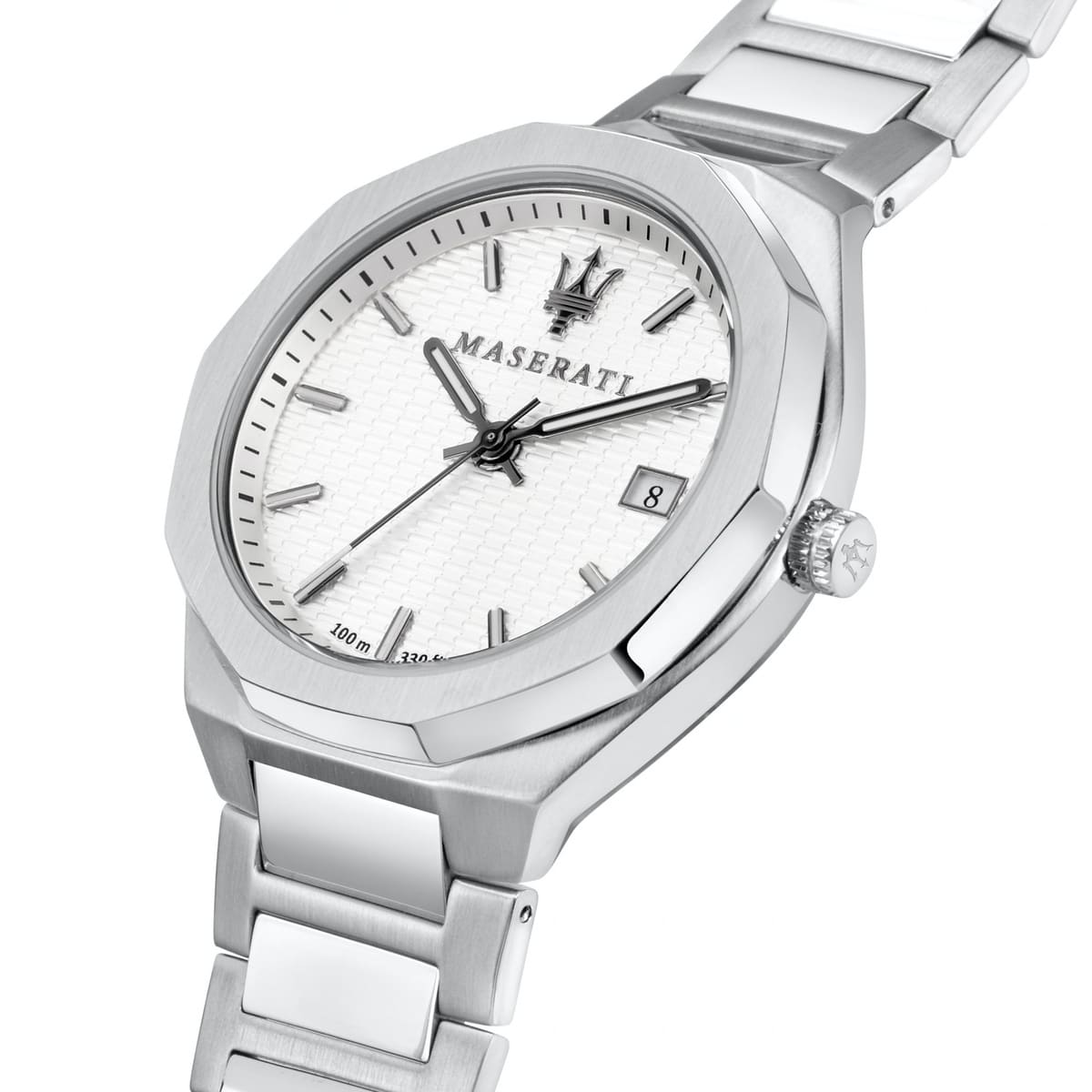 Maserati Stile R8853142005 45mm Men’s Quartz Watch – Silver/white Waffle-Textured Dial & Silver Link Bracelet