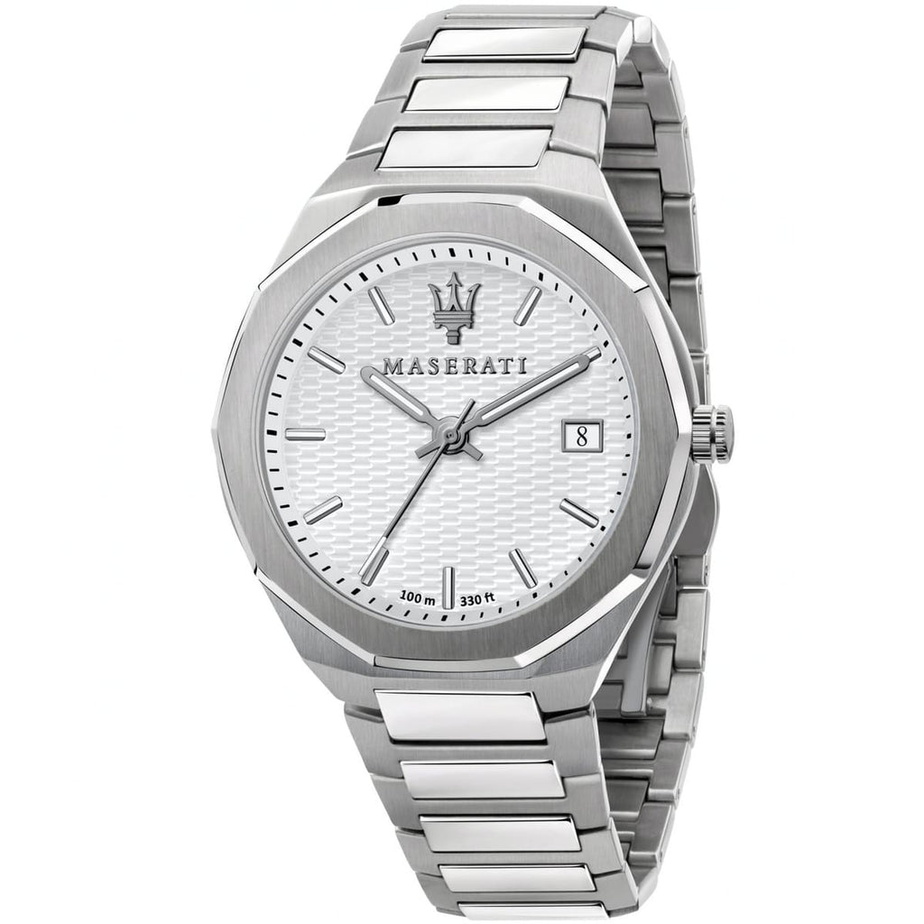 Maserati Stile R8853142005 45mm Men’s Quartz Watch – Silver/white Waffle-Textured Dial & Silver Link Bracelet