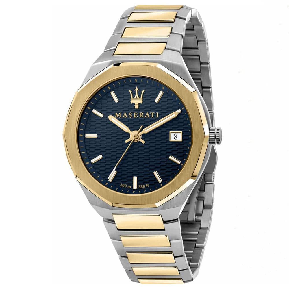 Maserati Stile R8853142008 45mm Men’s Quartz Watch – Blue Waffle-Textured Dial & Silver & Gold Link Bracelet