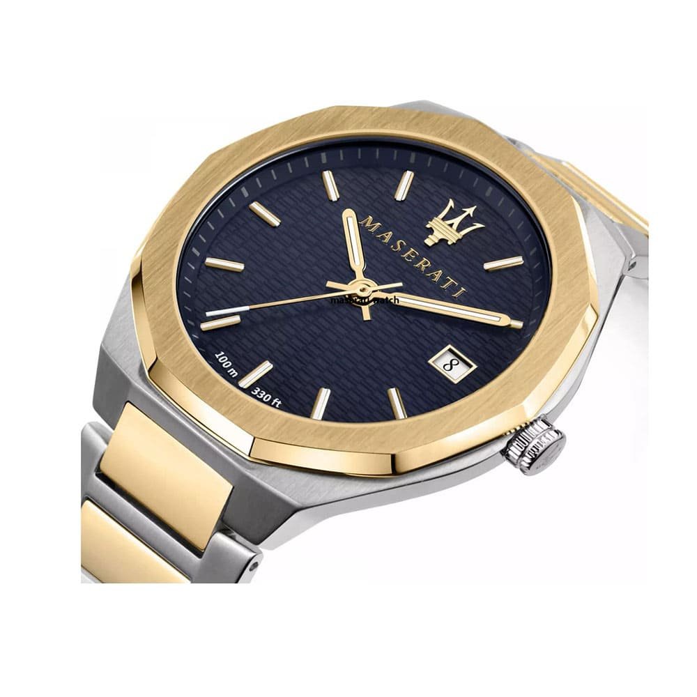 Maserati Stile R8853142008 45mm Men’s Quartz Watch – Blue Waffle-Textured Dial & Silver & Gold Link Bracelet