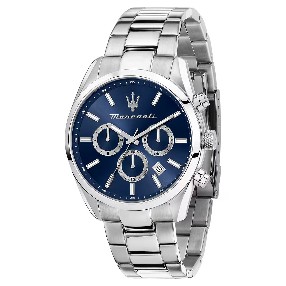 Maserati Attrazione R8853151005 43mm Men’s Chronograph Watch – Blue Sunray Dial & Silver-Tone Link Bracelet