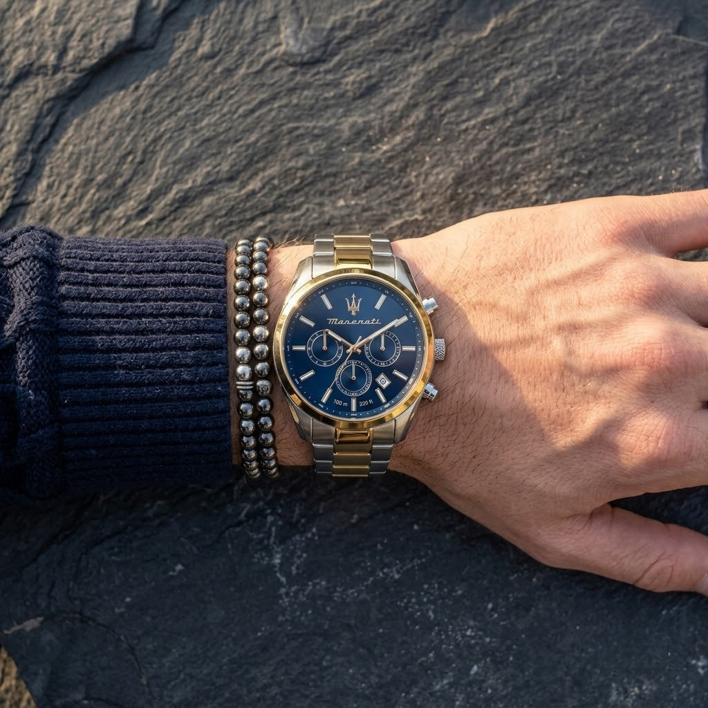 Maserati Attrazione R8853151008 43mm Men’s Chronograph Watch – Blue Sunray Dial & Two-Tone Link Bracelet