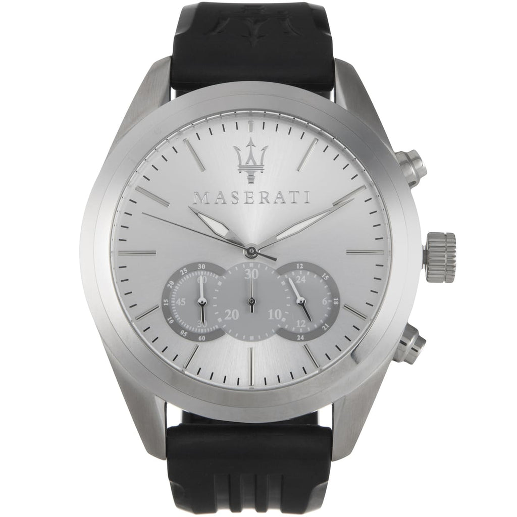 Maserati Traguardo R8871612012 45mm Men’s Chronograph Watch – Silver Sunray Dial & Black Rubber Strap