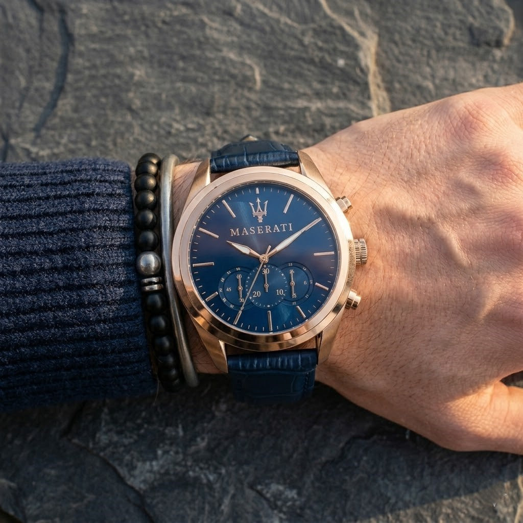 Maserati Traguardo R8871612015 45mm Men’s Chronograph Watch – Blue Sunray Dial & Blue Croco-Embossed Leather Strap
