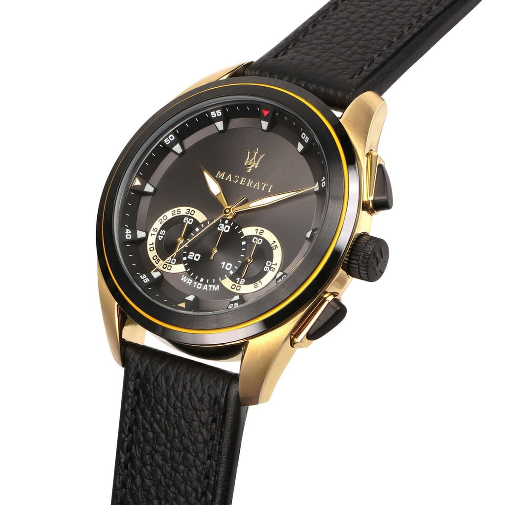Maserati Traguardo R8871612033 45mm Men’s Chronograph Watch – Black Sunray Dial & Black Leather Strap