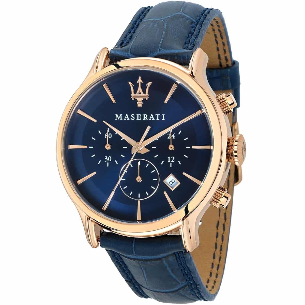 Maserati Epoca R8871618007 42mm Men’s Chronograph Watch – Blue Sunray Dial & Blue Croco-Embossed Leather Strap