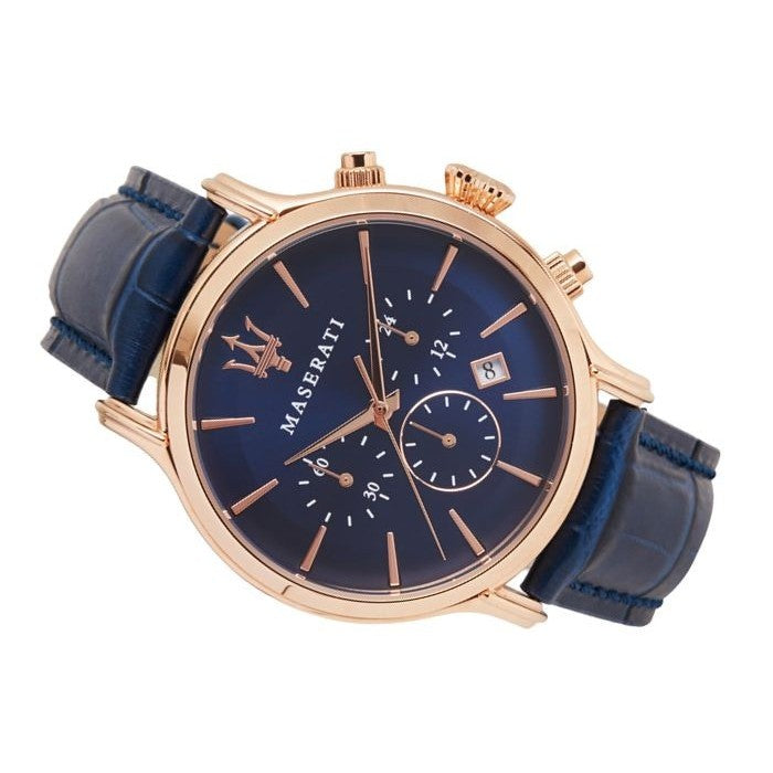 Maserati Epoca R8871618007 42mm Men’s Chronograph Watch – Blue Sunray Dial & Blue Croco-Embossed Leather Strap