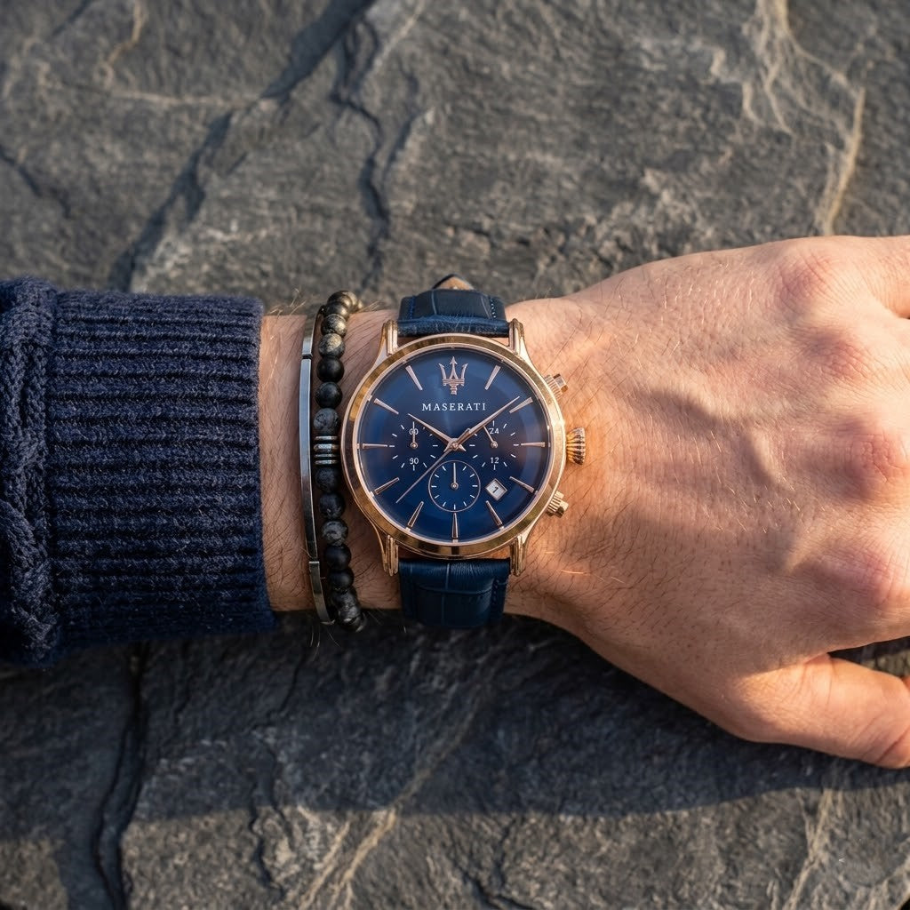 Maserati Epoca R8871618007 42mm Men’s Chronograph Watch – Blue Sunray Dial & Blue Croco-Embossed Leather Strap
