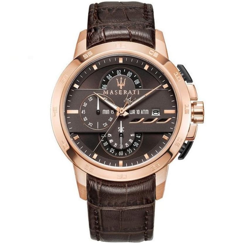 Maserati Ingegno R8871619001 45mm Men’s Chronograph Watch – Multi-Layered Brown Dial & Brown Croco-Embossed Leather Strap