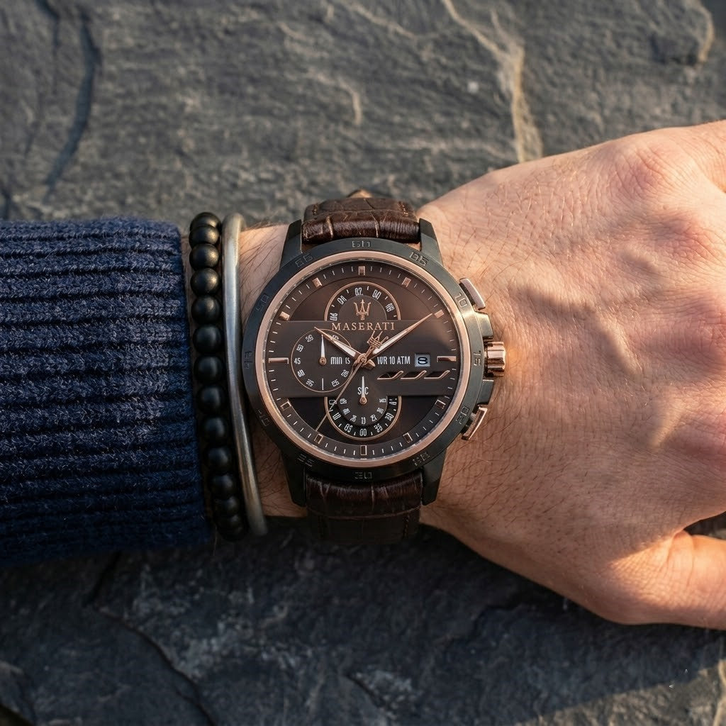 Maserati Ingegno R8871619001 45mm Men’s Chronograph Watch – Multi-Layered Brown Dial & Brown Croco-Embossed Leather Strap