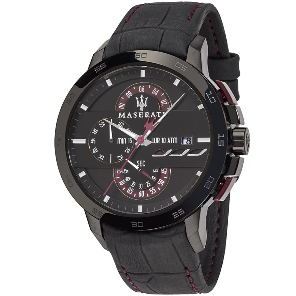 Maserati Ingegno R8871619003 45mm Men’s Chronograph Watch – Multi-Layered Black Dial & Black Alligator-Pattern Leather Strap