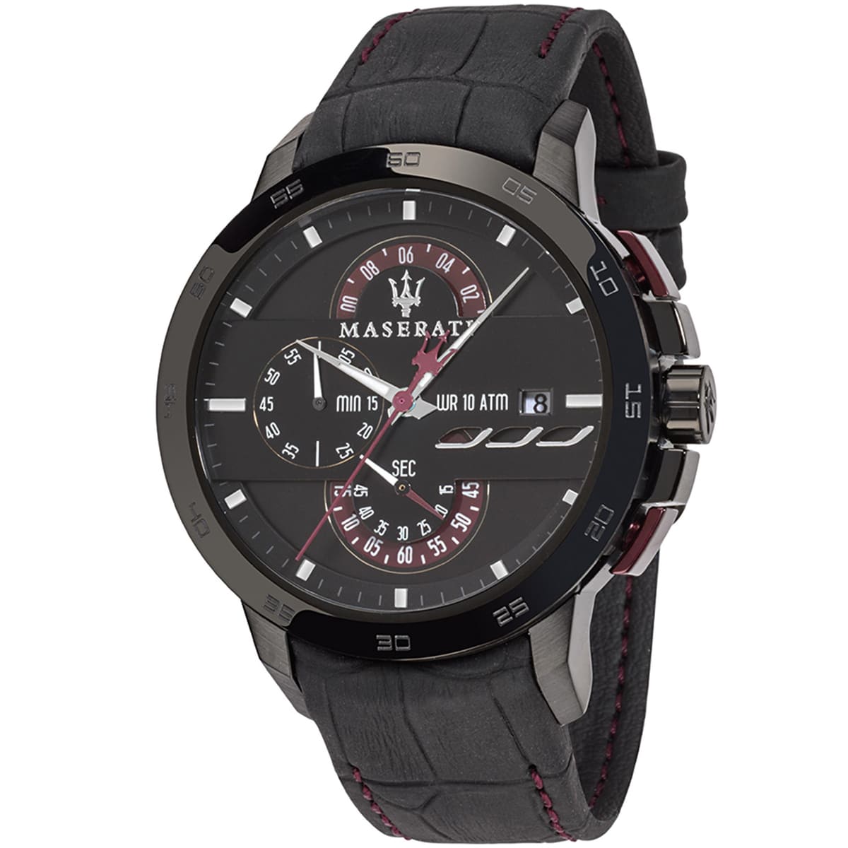 Maserati Ingegno R8871619003 45mm Men’s Chronograph Watch – Multi-Layered Black Dial & Black Alligator-Pattern Leather Strap