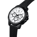 Maserati Successo R8871621010 44mm Men’s Chronograph Watch – White Racing Dial & Black Rubber Strap