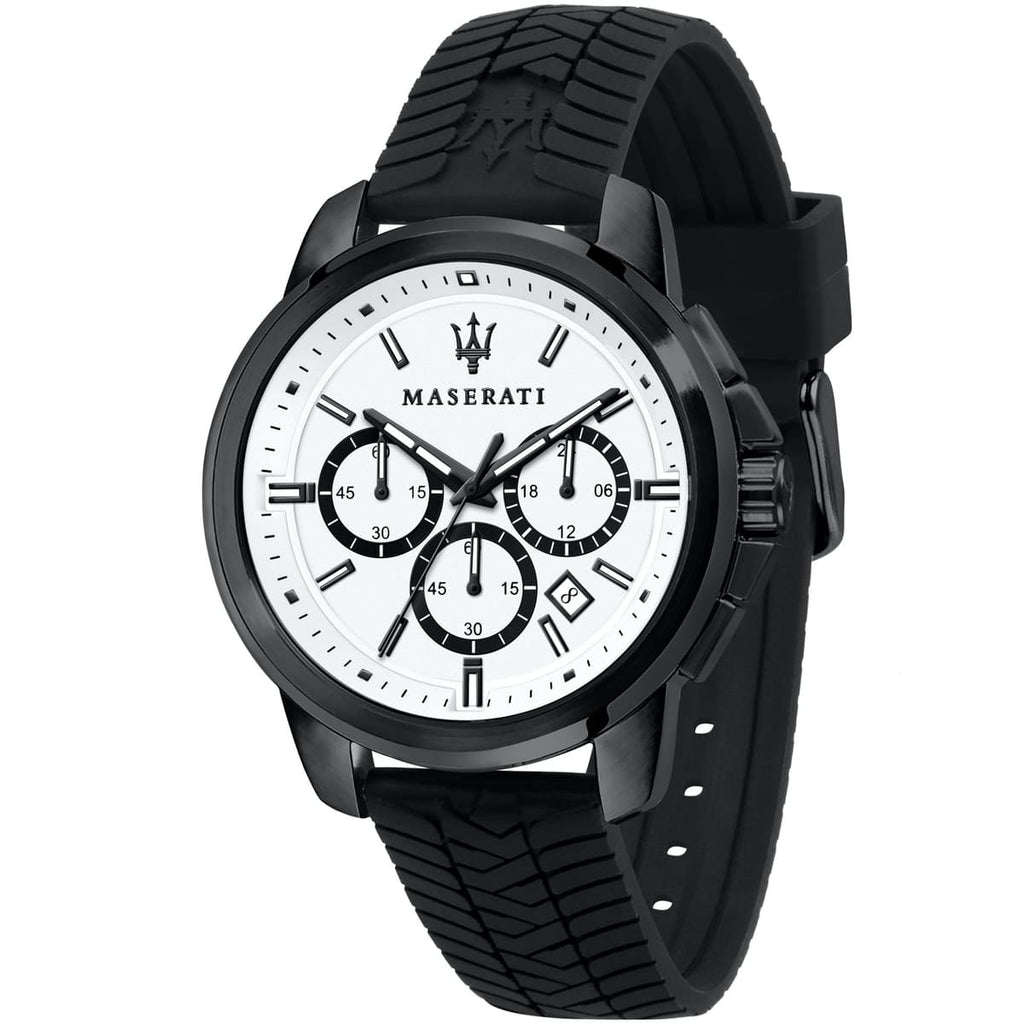 Maserati Successo R8871621010 44mm Men’s Chronograph Watch – White Racing Dial & Black Rubber Strap