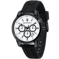 Maserati Successo R8871621010 44mm Men’s Chronograph Watch – White Racing Dial & Black Rubber Strap