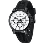 Maserati Successo R8871621010 44mm Men’s Chronograph Watch – White Racing Dial & Black Rubber Strap