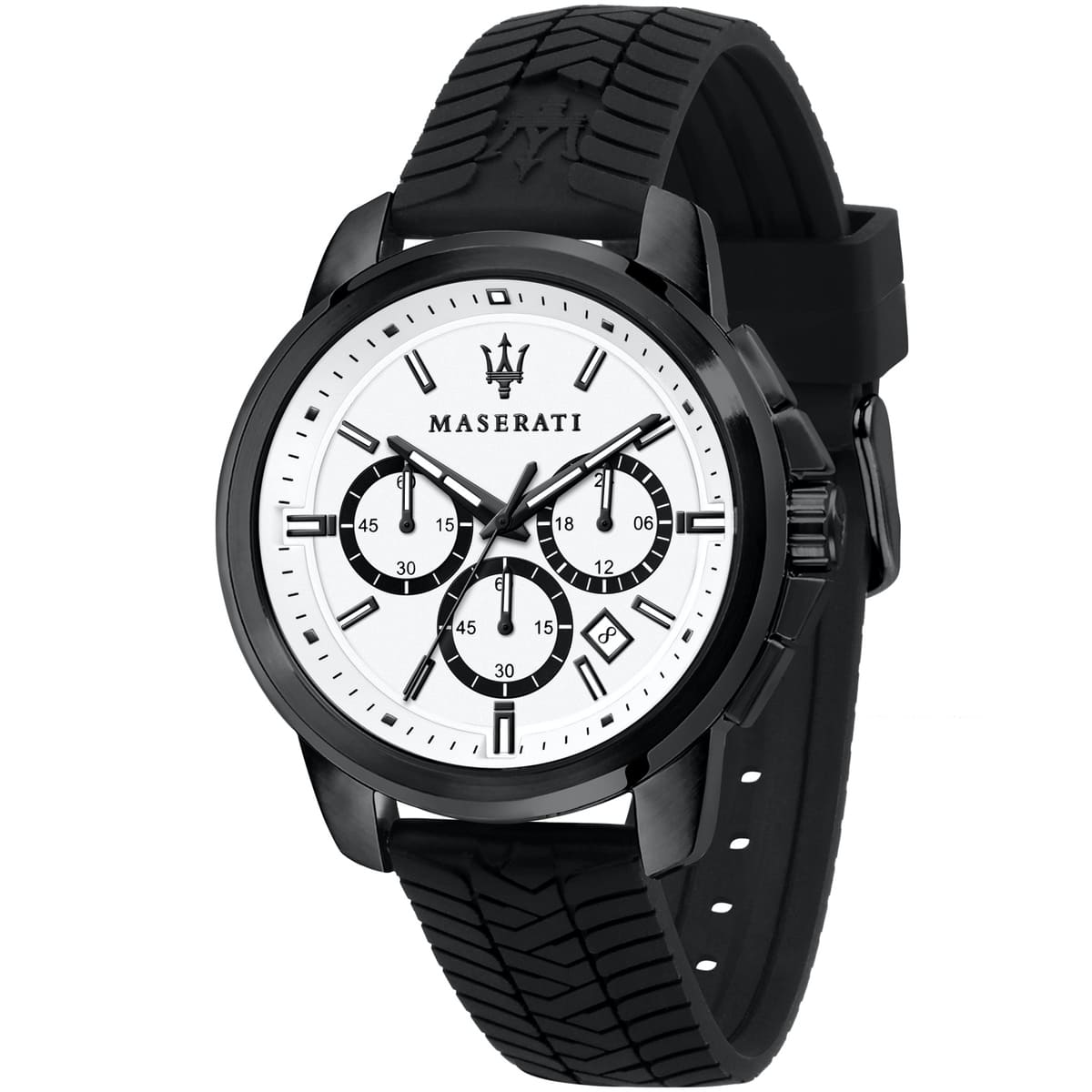 Maserati Successo R8871621010 44mm Men’s Chronograph Watch – White Racing Dial & Black Rubber Strap
