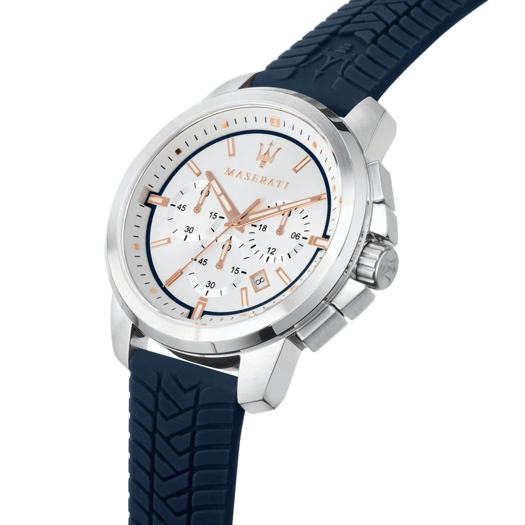 Maserati Successo R8871621013 44mm Men’s Chronograph Watch – Silver Sunray Dial & Blue Rubber Strap