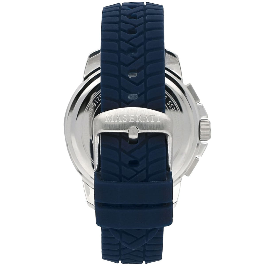 Maserati Successo R8871621013 44mm Men’s Chronograph Watch – Silver Sunray Dial & Blue Rubber Strap